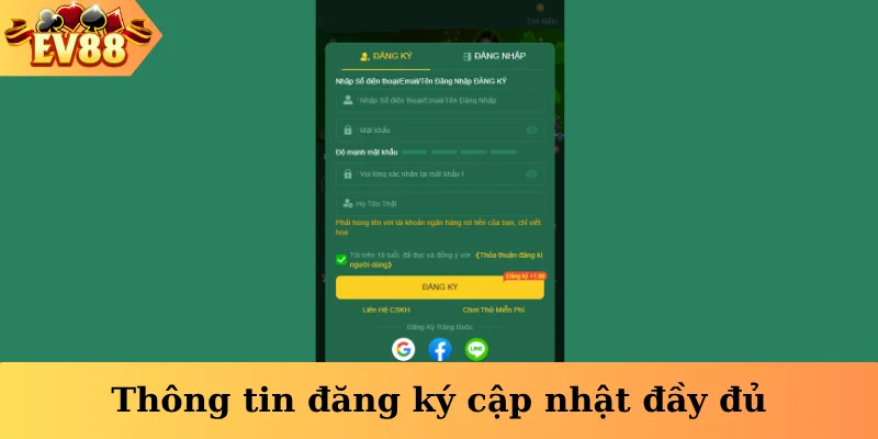 Thông tin đăng ký cập nhật đầy đủ